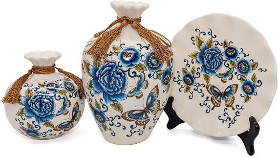 Classical Chinese Vases Set of 3 Piece for Living Room Decorations, Ceramic Vases for Home Decor, Porcelain Vase with Flowers Pattern Design