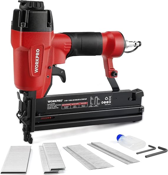 WORKPRO 2-in-1 Pneumatic Brad Nailer/Staple Gun, 18 GA | Includes 400 Brad Nails and 300 Staples, Ideal for Woodworking, Trim and Upholstery, Requires Air Compressor (Not Included)