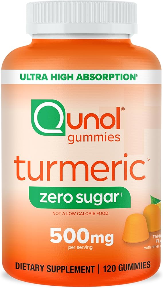 Qunol Zero Sugar Turmeric Gummies 500mg, Ultra High Absorption Gummy, 120ct | Gluten Free Supplement that Supports Joint Health and a Healthy Inflammation Response, Great Tasting Tangerine Flavor