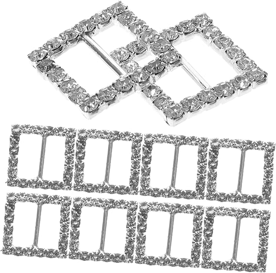 10pcs Square Rhinestone Ribbon Buckle Sliders for Diy Craft Wedding Decoration Silver Approx for Hair Bows Doll Clothes Scrapbooks Boxes