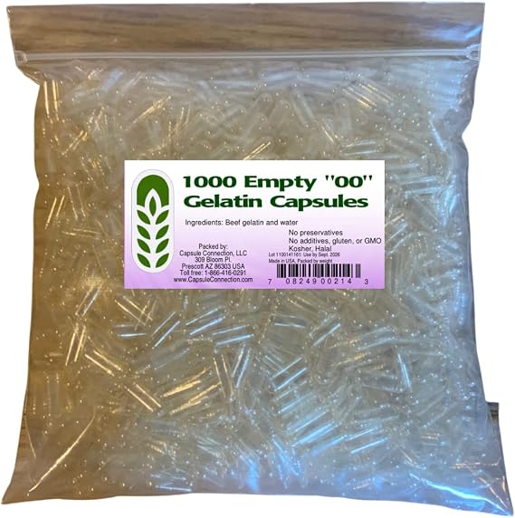 Capsule Connection USA-Made 1000 Bulk Wholesale Empty Clear Gelatin Capsules,"00" Size,
