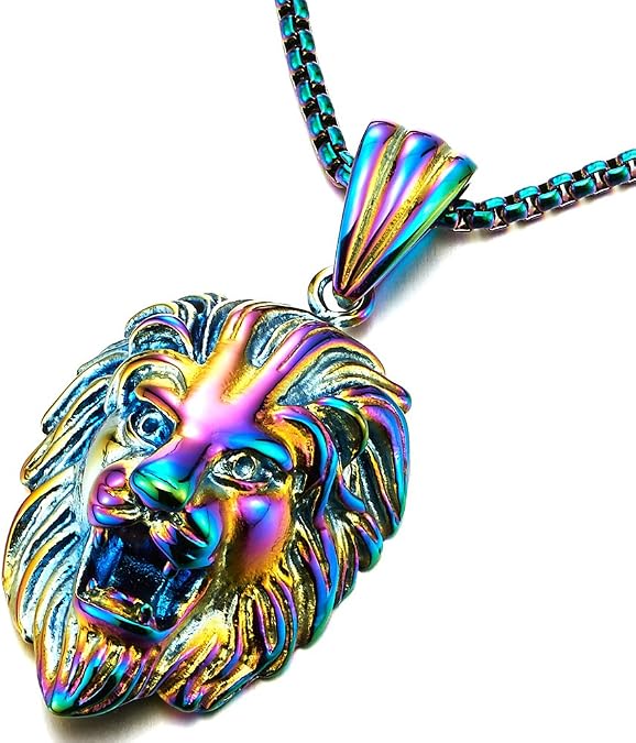 COOLSTEELANDBEYOND Exclusive Mens Womens Steel Colorful Lion Head Pendant Necklace with 24 inches Steel Wheat Chain