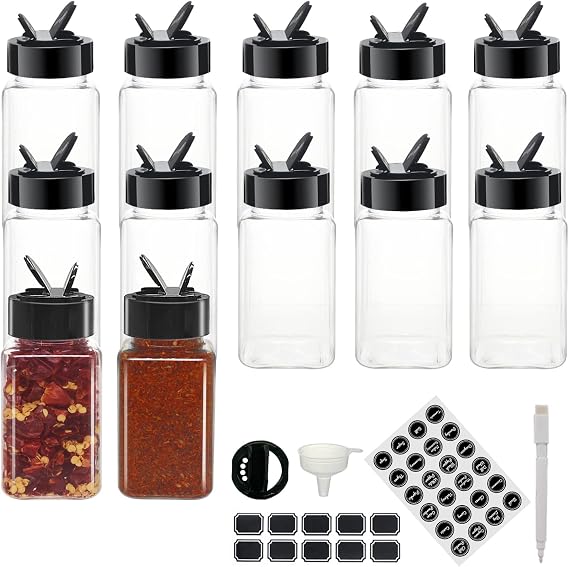 YBCPACK 12 Pack 4oz Plastic Spice Jars with Lids and Labels，Small Square Spice Storage Containers with Black Flip Top Cap for Spice Seasoning Organiser