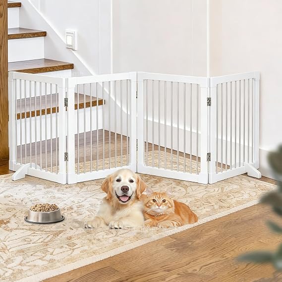 Foldable Wooden Dog Gates 82.6" Wide, 27.5" Tall Freestanding Pet Gate Dog Fence No-Installation Puppy Safety Fence Extra Wide Puppy Barrier for Doorways,Stairs, or Hallways-4 Panel,White
