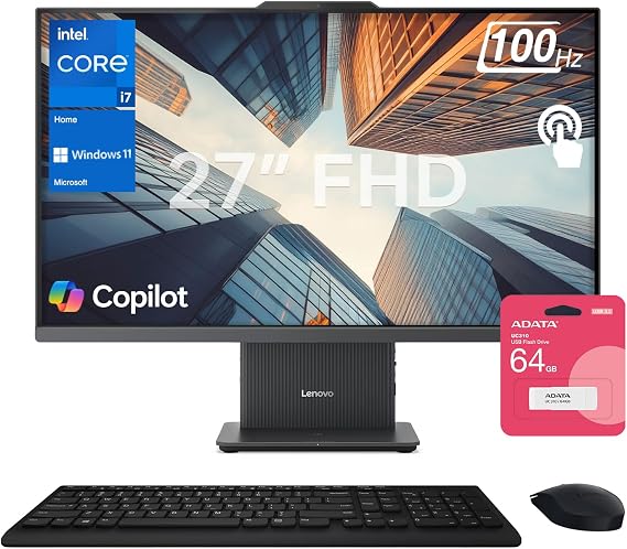 Lenovo IdeaCentre 27" AIO Desktop, FHD 100Hz Touchscreen, Intel Core i7-13620H, 32GB DDR5 RAM, 1TB SSD, Wireless Charging Pad, Wireless KB & M, Wi-Fi 6, W11H, Bundle with ADATA 64GB USB Flash Drive