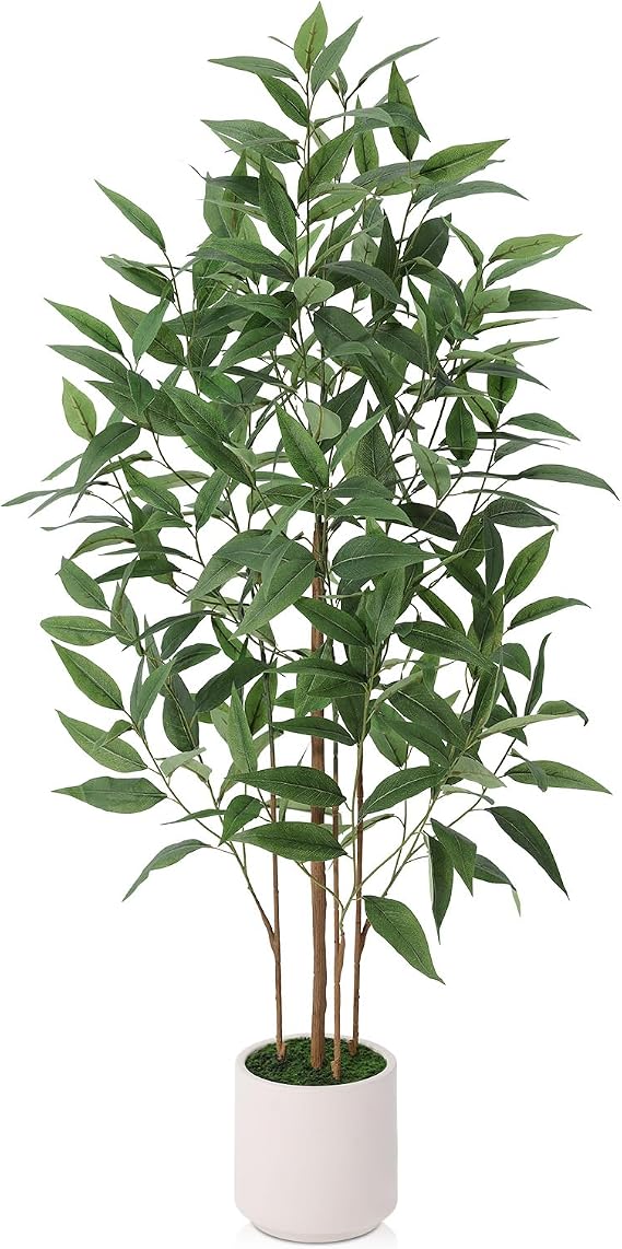 Ferrgoal 4Ft Artificial Eucalyptus Plant with White Planter | UV Resistant Fake Outdoor Plants with Silk Leaves,Faux Tree Indoor for Home Decor Floor Porch Liveing Room
