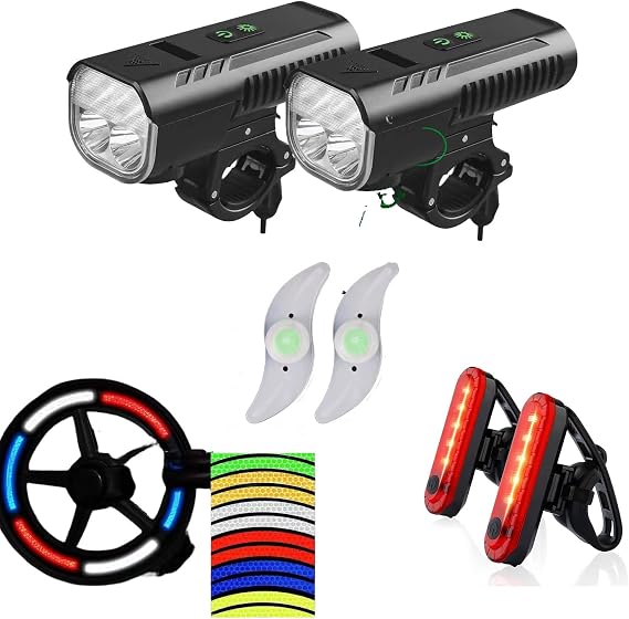 2 Pack USB-C Rechargeable LED Bike Lights Front and Back Bicycle Headlight and Tail Light Set 4000mah Bike Lights for Night Riding 12 Hours with Horn