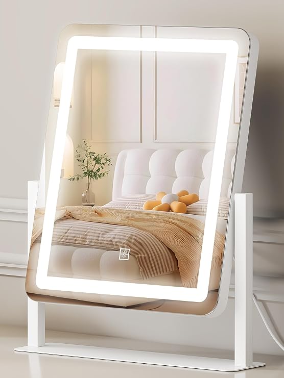 Vanity Mirror with Lights 31 x 37 cm, Dimmable Dressing Table Mirror with 3 Color Modes, 10x Magnifying Mirror, USB-C Powered, 180° Rotation, LED Makeup Mirror for Bedroom, White