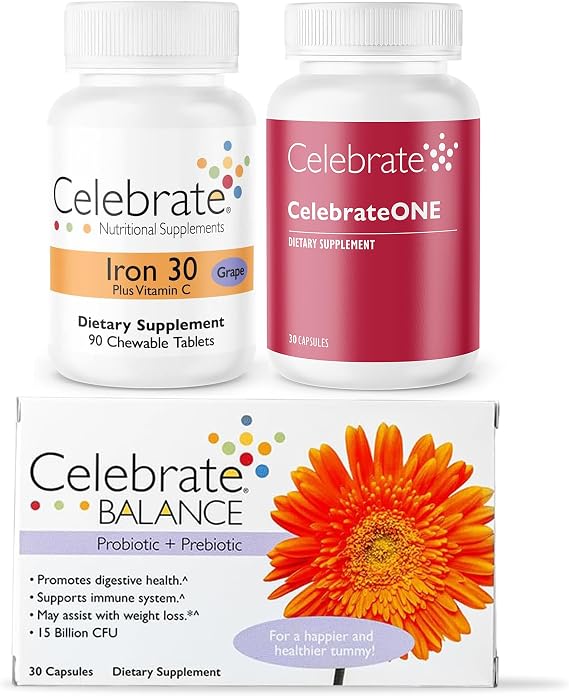 Celebrate Vitamins Bariatric Bundle CelebrateONE Multivitamin, Iron with Vitamin C Chewables, and Balance Probiotic + Prebiotic Essential Nutrition & Digestive Support for WLS Recovery