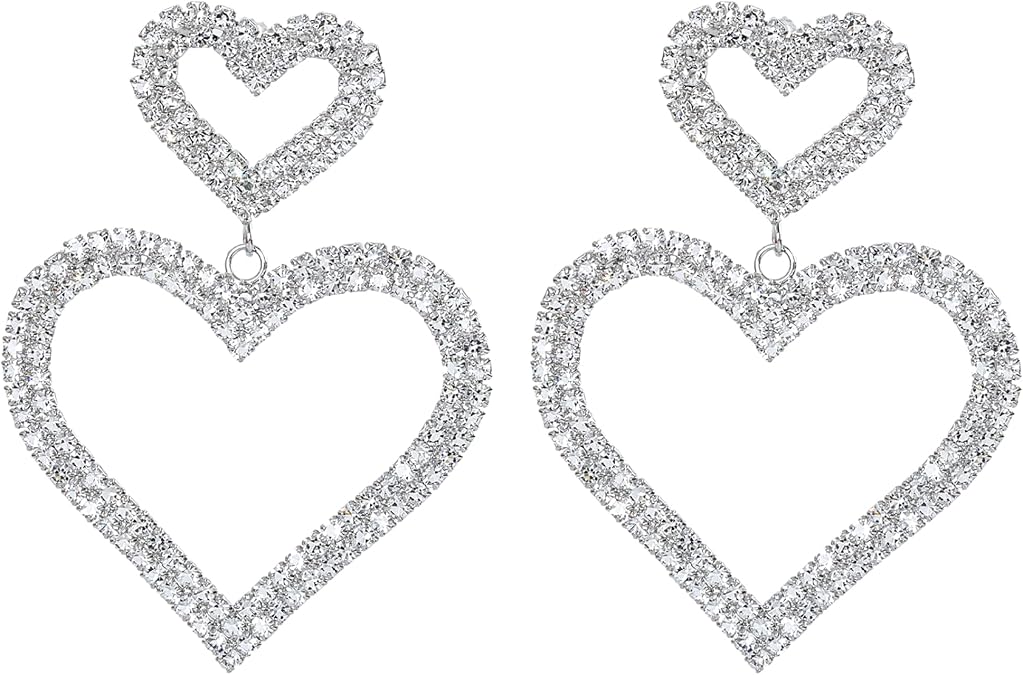 Rave Envy Heart Earrings for Women Trendy - Silver Heart Dangle Earrings with Diamond Like Look - Fashionable Statement Earrings for Womens - Perfect Heart Jewelry as Valentines, Birthday