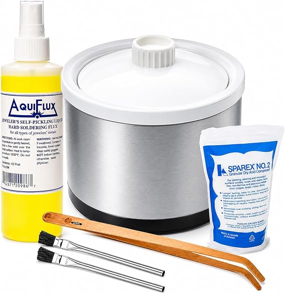 Complete Jewelry Pickling Kit with Aquiflux Flux, 16 oz Heated Pickle Pot, Sparex Compound, Copper Tongs & Tweezers for Gold Silver Platinum Jewelry Soldering