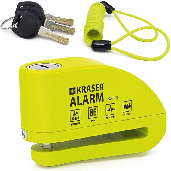 KRASER KR6Y Brake Disc Lock with Alarm 110 dB Reinforced 3 Keys (2 Replacements) High Security Motorcycle Lock Waterproof 1.5 m Recall Cable Bag Universal Motorcycle Lock Bicycle Lock
