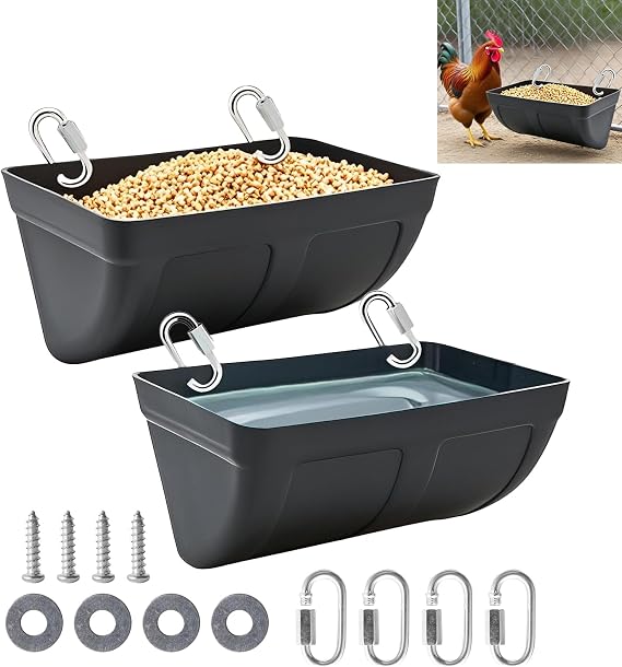 Hniuyun Poultry Feeder & Waterer 4.5QT - Hanging or Fence-Mount Plastic Trough for Chickens, Ducks, Goats, Piglet, Black, 2-Pack