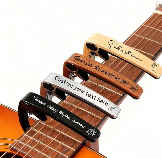 Personalized Guitar Capo Custom Engraved Name Text Guitar Accessories | Wood and Metal Guitar Capo for Acoustic, Electric Guitars Gift for Guitar Players Musician Band Member