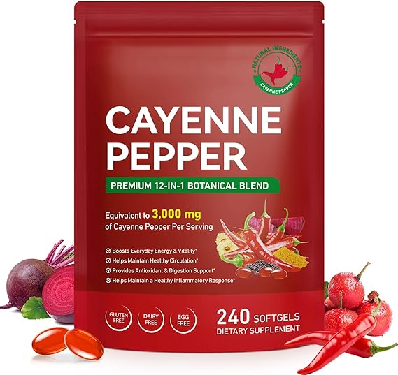 Cayenne Pepper Softgels Supplement, Capsaicin Supplements with Hawthorn, Beetroot, and Turmeric, Enriched with Vitamin D3 + K2 & E, Supports Leg Vein, Digestion, Immune System, Non-GMO, 240 Softgels