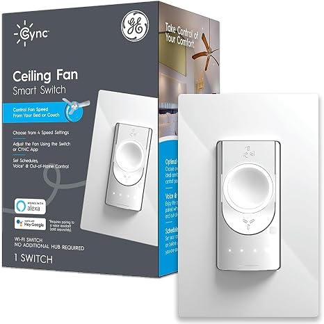 GE CYNC Smart Ceiling Fan Control, Neutral Wire Required | Bluetooth and 2.5 GHz Wi-Fi 4-Wire Smart Switch, Works with Amazon Alexa and Google Home, White