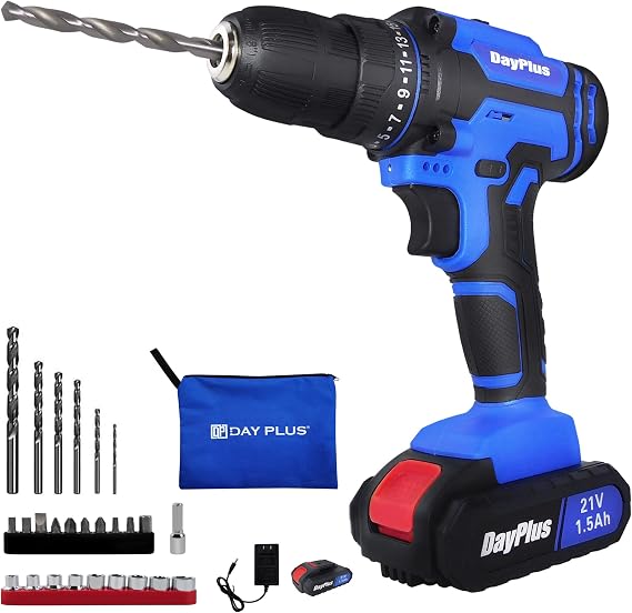 Cordless Drill Driver Kit, 21V Impact Drill Set w/Lithium-ion Battery/Charger, 350 In-lb Torque, 3/8" Keyless Chuck, 18+1 Clutch, Variable Speed & LED for Metal Concrete Wood