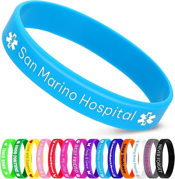Custom Silicone Lables 30PCS Light Blue Personalized Rubber Wristbands 0.5"*7.9" Custom Wristbands with Text ICON Bulk