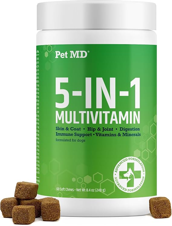 Pet MD 5-in-1 Dog Multivitamin - 30 Key Nutrients for Wellness - 60ct | For Hip & Joint Health, Immune Function, Healthy Skin & Shiny Coat, and Digestive Support - Senior Dog & Puppy Vitamins