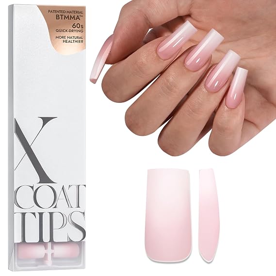BTArtboxnails XCOATTIPS Ombre Press On Nails, Long Square, Pink White