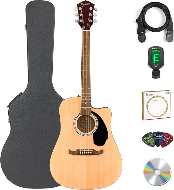 Fender FA-125CE Dreadnought Cutaway Acoustic-Electric Guitar - Natural Bundle with Hard Case, Strap, Strings, Picks, and Austin Bazaar Instructional DVD