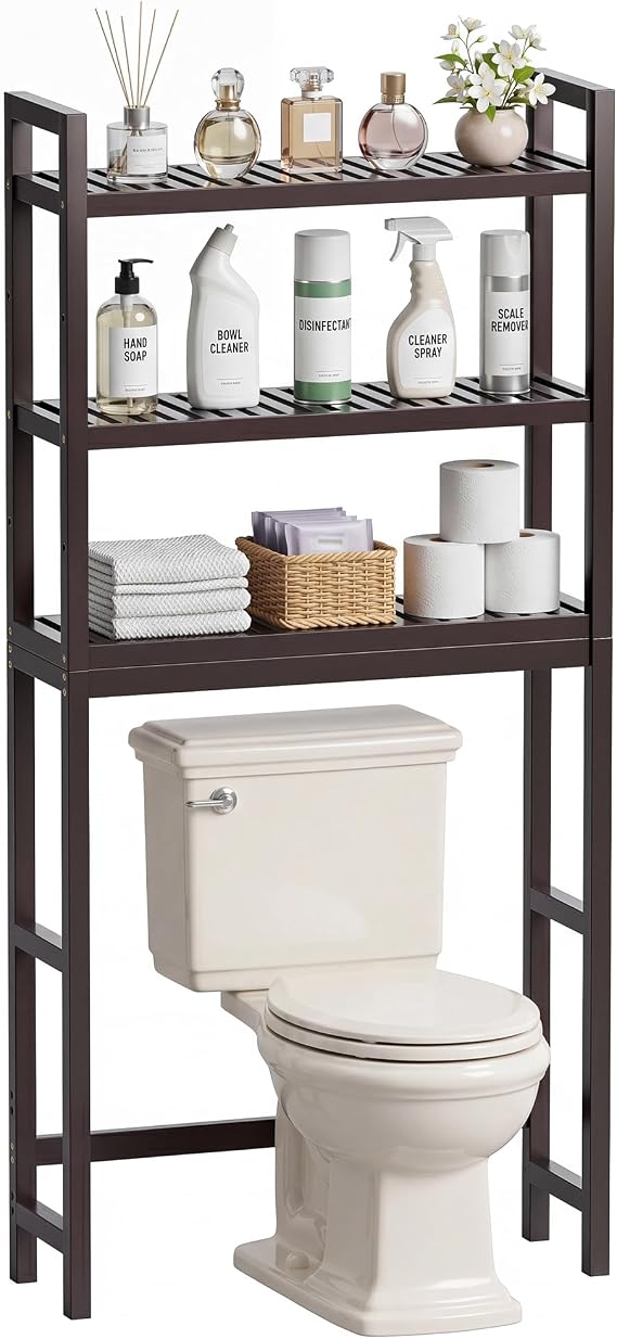 SMIBUY Bathroom Storage Shelf, Bamboo Over-The-Toilet Organizer Rack, Freestanding Toilet Space Saver with 3-Tier Adjustable Shelves (Dark Brown)