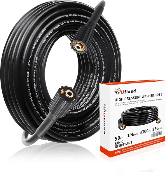 Flexible Pressure Washer Hose 15.2m × 1/4 230 Bar (3300 PSI) Kink Resistant with M22 Brass Connector 14mm Replacement Hose for Pressure Washer Black