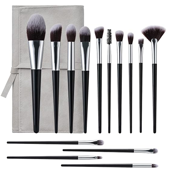 Amrules Makeup Brushes, 14 Pcs Professional Makeup Brush Set, Eye and Face Foundation Brush Set, Eyeshadow Brushes, Cosmetic Brushes, with PU Bag, Black