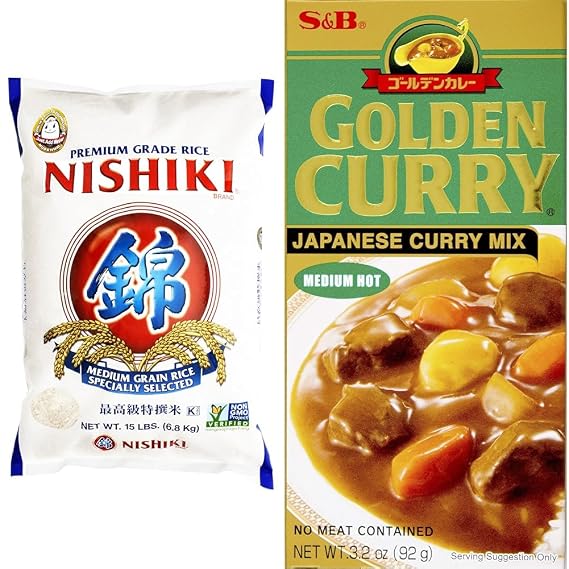 Nishiki Premium Medium Grain Rice 15 Pound & S&B Golden Curry Japanese Curry Mix Medium Hot 3.2 oz Bundle