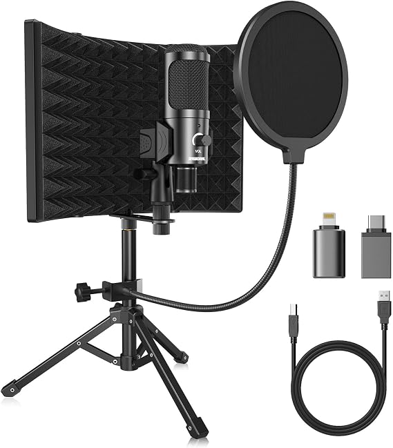 Studio Recording Microphone Isolation Shield with Pop Filter &Tri-Stand Kit Music Recording USB Condenser Mics to Laptop Pc Mac Phone Equipment for Singing Song