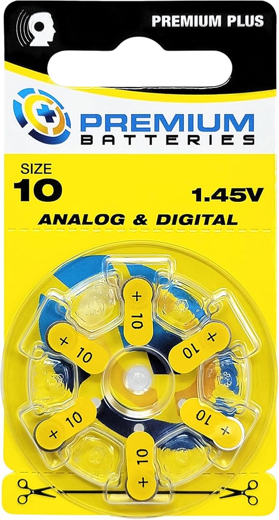 Premium Batteries Size 10 1.45V Hearing Aid Battery Yellow Tab (6 Batteries)