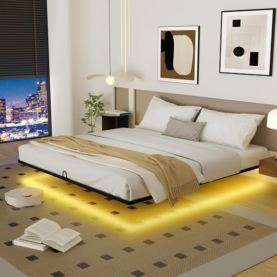 King Size Floating Bed Frame with Smart LED Lights, Metal Platform Bed | 8 Inch Modern Heavy Duty Platform Floating Bed, RGB Color Changing Lights, Easy Assembly, No Box Spring, Noise Free