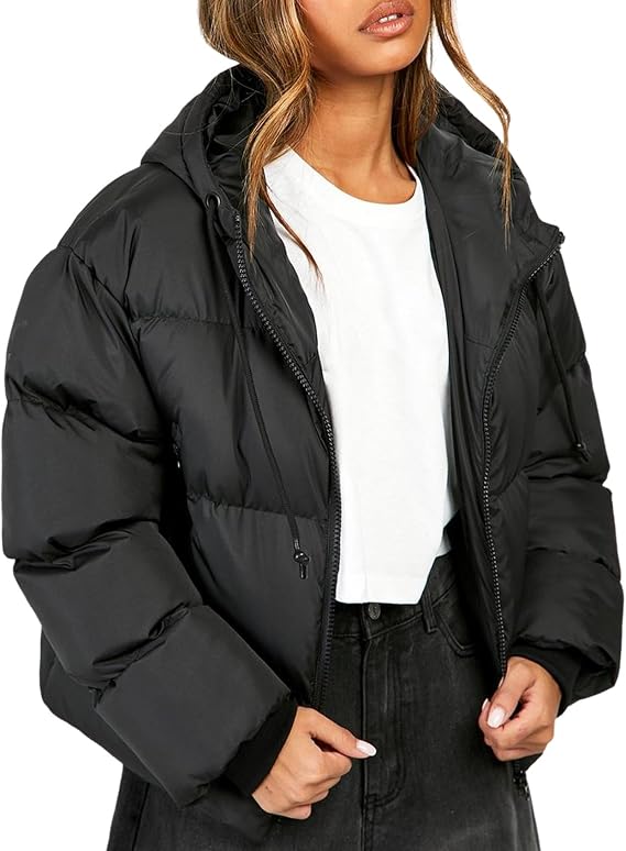 Yimoon Women's Cropped Puffer Jacket Hooded Winter Quilted Jacket | Adjustable Drawstring Hood, Zip Up, Waterproof, Warm & Lightweight, Puffer Coat, Short Outwear