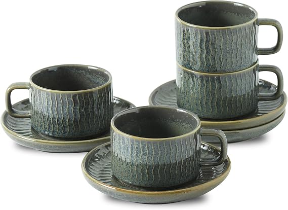 Espresso Cup with Saucer - 6 Ounce Ceramic Espresso Mugs Set of 4, Cappuccino Cups Set, Latte Coffee Cups for Coffee, Cafe Mocha, Tea, Green