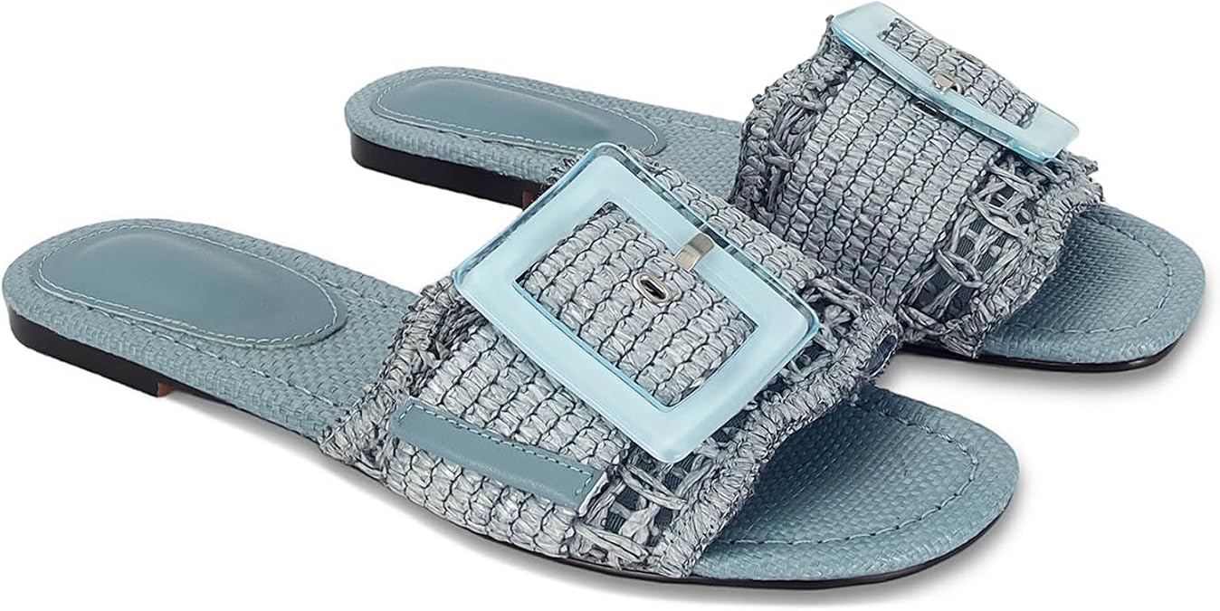 ZJGZF Raffia Sandals for Women Buckle Straw flats Woven Braided Rattan Slides Summer Beach Sandals Comfort Cute Shoes