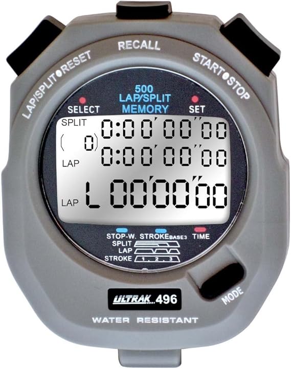 496 500-Lap Stopwatch, Dual-Split Memory Sports Timer with LCD Display, Water-Resistant, Stroke Rate & Countdown, Long-Life Battery