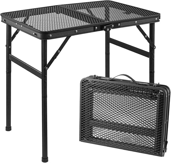 Camping Table Small Folding Table Picnic Outdoor Garden Table with Handle, Rust-Proof Mesh Tabletop, Anti-Slip Pads, Adjustable Height and Lightweight for BBQ, Fishing, RV
