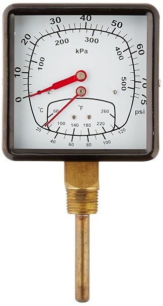 PIC Gauges TRI-SQ-402L-D Bottom Mount Industrial Square Dial Tridicator w/ Painted Grey Steel Case, Plastic Lens, 4" Dial, 0/75 psi Range, 1/2" Male NPT, 60/260 F Temperature Range