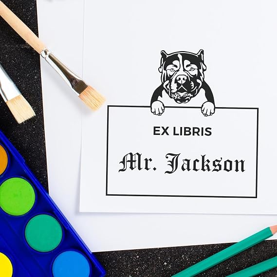 Self-Inking Peeking American Bulldog Dog Ex Libris Book Stamp, American Bulldog Book Library Stamp, Custom Made, Size 1-5/8"