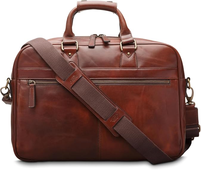 Bosca Real Leather Messenger Bag for Men - Dolce Italia Vegetable-Tanned Leather with RFID Pocket For Work & Travel - Fits 16" Laptops - Exterior Zipper Pockets, Trolley Strap Dark Brown