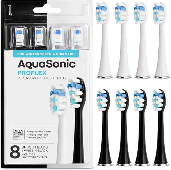 AquaSonic Genuine Proflex Replacement Brush Heads | ADA Accepted | for Whiter Teeth & Gum Care | Compatible with Duo Series PRO and Others (8 Pack Black & White)