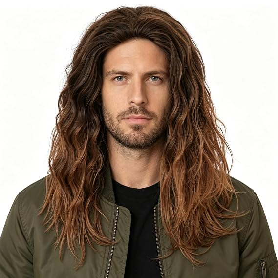 Mens Brown Wig Long Wavy Mixed Brown Male Wig