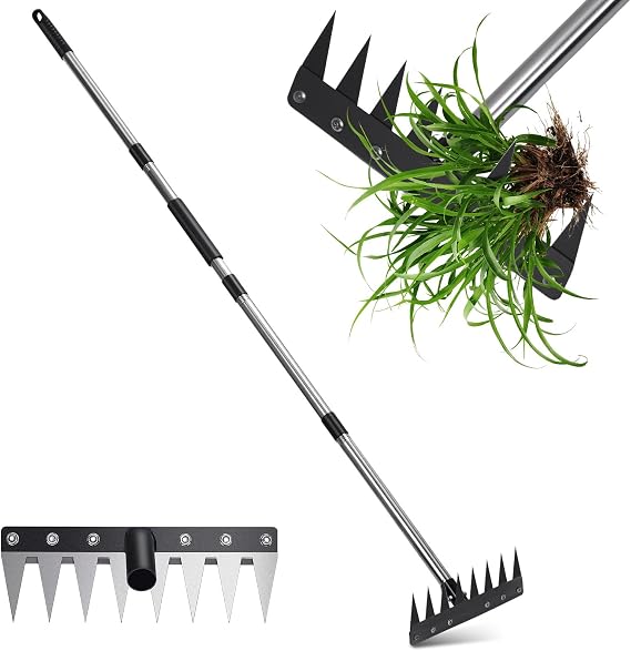 Garden Weed Pulling Tool with Long Handle, Garden Hoe and Weed Rake | Stainless Steel 2.0 Upgraded 8 Teeth Garden Rake Manual Weed Remover , 4-Section Detachable Handle for Lawn, Yard, Garden