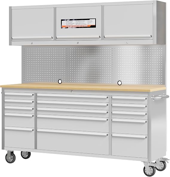 Heavy-Duty 72 Inch Stainless Steel Tool Chest - 15 Lockable Drawers - Mobile Storage Cabinet with Drawer Liners and Wheels - Ideal for Garage, Workshop, Kitchen - Silver