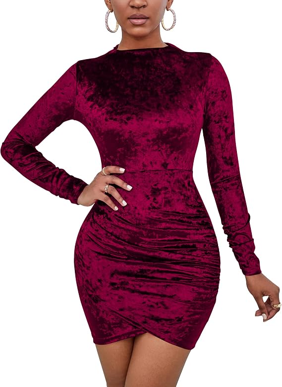 Kaximil Women's Sexy Wrap Bodycon Long Sleeve Ruched Velvet Mini Cocktail Party Dresses