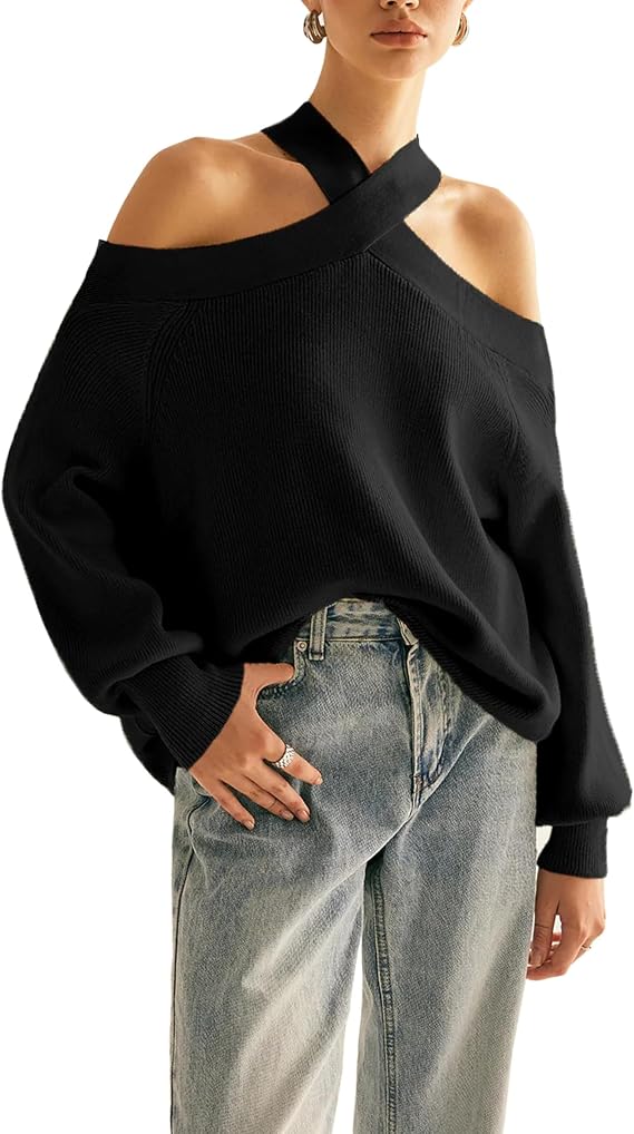Women Halter Cross Over Collar Shoulder Sweater Loose Fit Solid Color Knit Tops(Black-S)
