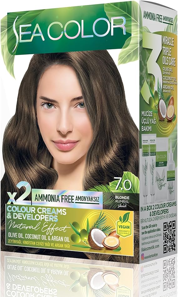 SEA COLOR Amonyaksız, Vegan, Doğal, Besleyici Kalıcı Saç Boyası%100 Beyaz Kapama (1 PAKET 2 x 50 ml Boya & OKSİDAN) (Kumral 7.0)