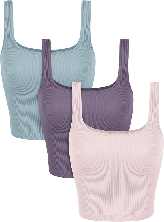 ODODOS 3-Pack Seamless Square Neck Crop Tank for Women Ribbed Knit Soft Low Back Cropped Tops