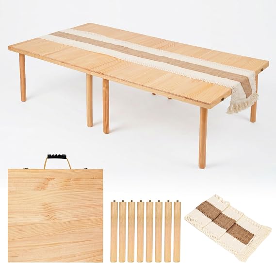 Wooden Folding Picnic Table - 60" x 30" Boho Low Picnic Table with Table Runner, Foldable Table for Indoor Outdoor Camping, Wedding, Beach, Garden, Party