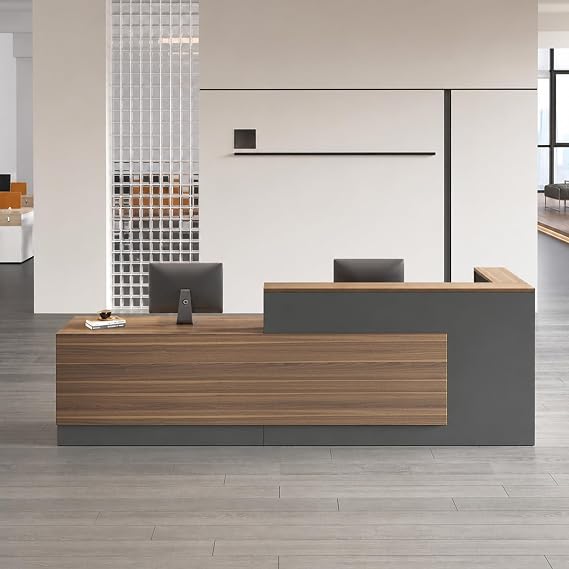 87" Modern L-Shaped Reception Desk, Front Desk Counter with Drawer, Keyboard Tray and Storage Shelves, Left Layout, Dark Walnut